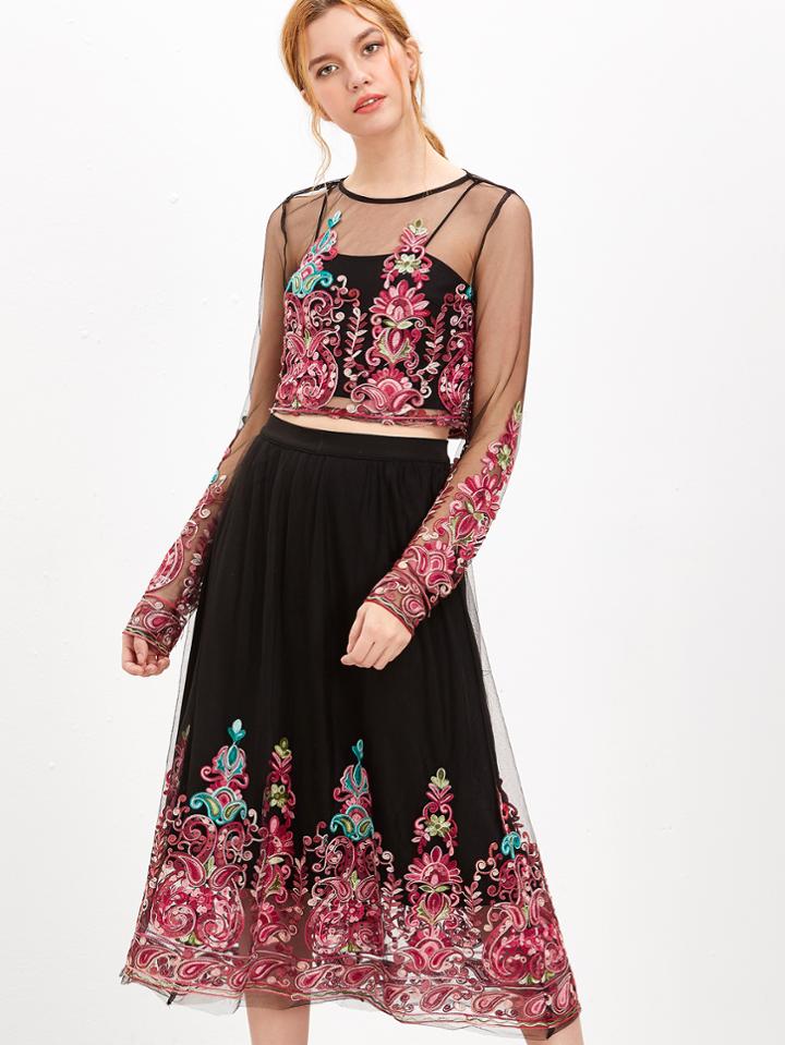 Shein Black Buttoned Keyhole Back Embroidered Mesh Top