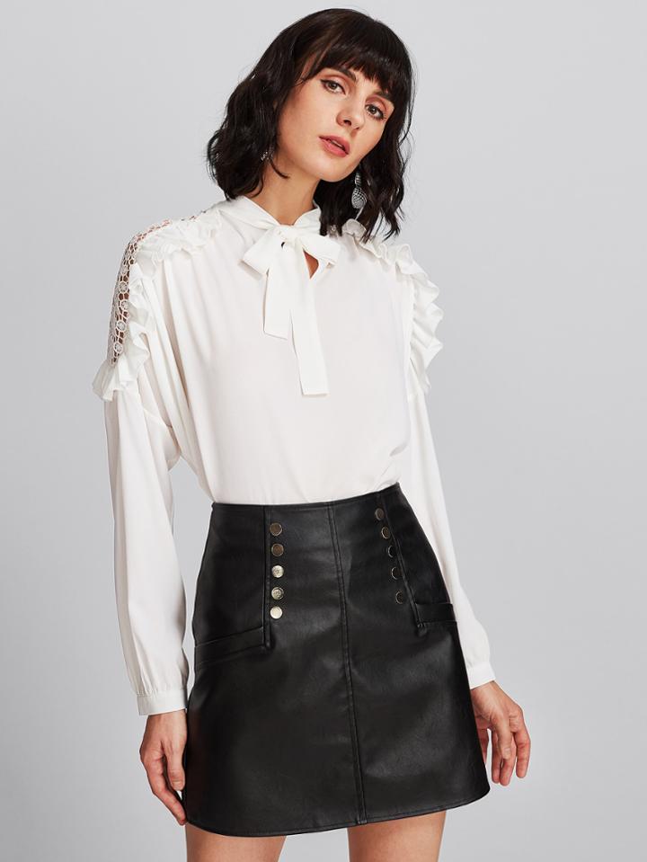 Shein Bow Tie Neck Lace Contrast Ruffle Blouse