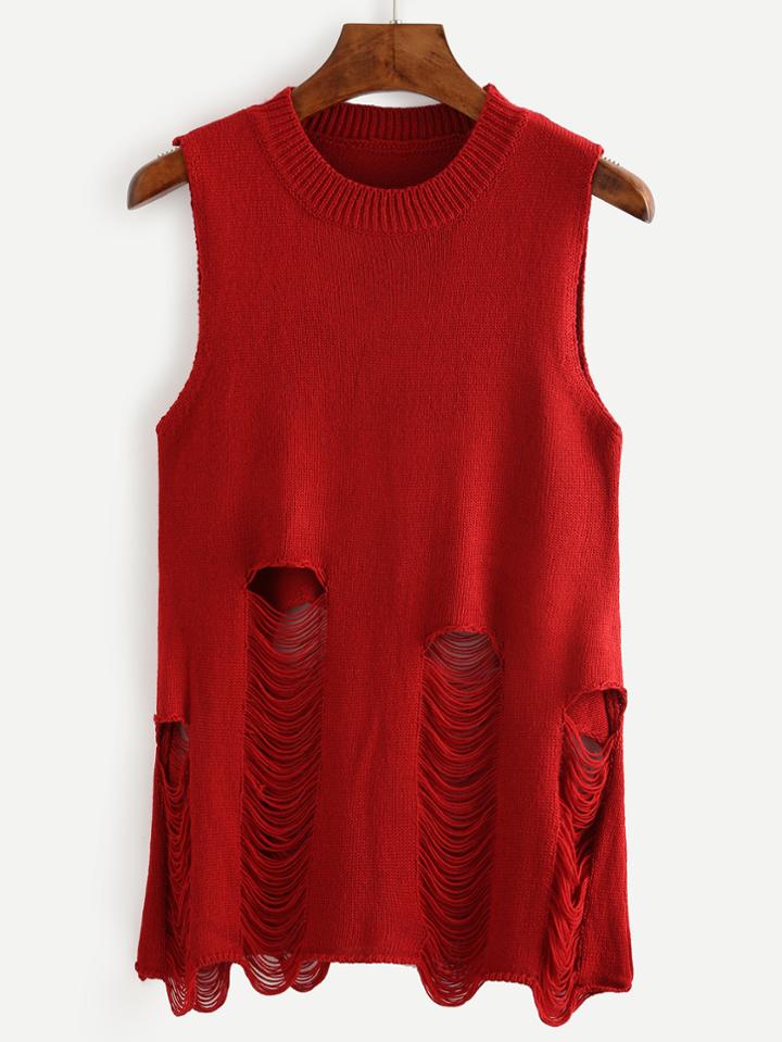 Shein Burgundy Ripped Knitted Tank Top
