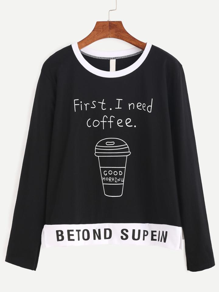 Shein Black Slogan Print Slit Side T-shirt