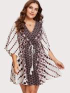 Shein Flutter Sleeve Tasseled Drawstring Ornate Wrap Dress