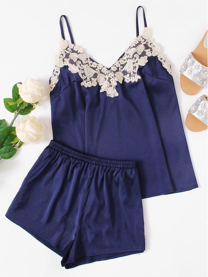 Shein Embroidered Applique Detail Satin Cami & Shorts Pj Set