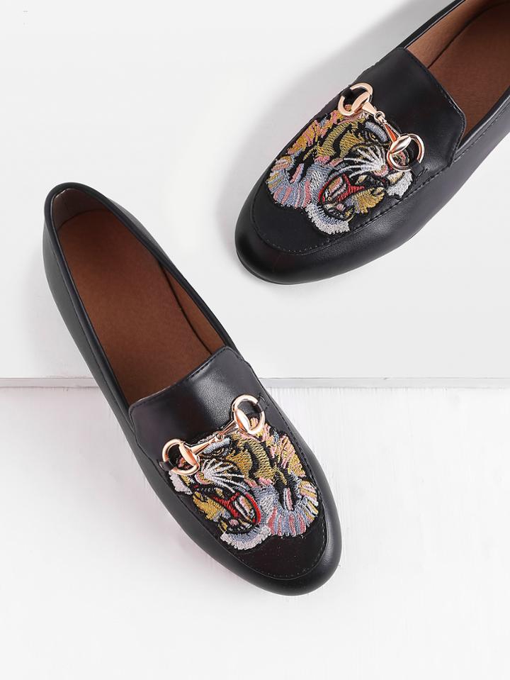 Shein Tiger Embroidery Metal Detail Loafers
