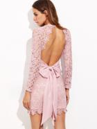 Shein Pink Bow Tie Open Back Embroidered Lace Dress