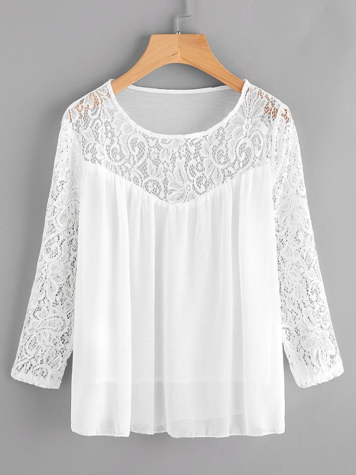 Shein Floral Lace Paneled Sheer Blouse