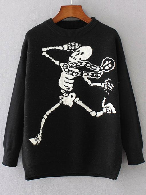 Shein Black Skeleton Pattern Ribbed Trim Sweater