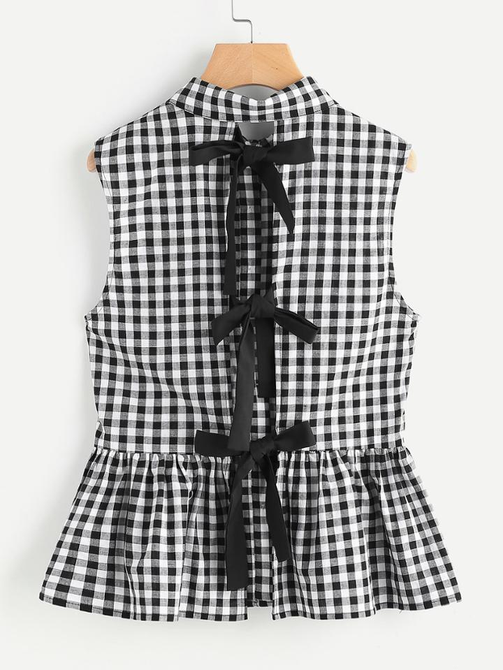 Shein Split Bow Back Button Up Gingham Peplum Blouse