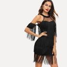 Shein Mesh Insert Cold Shoulder Tiered Fringe Embellished Dress