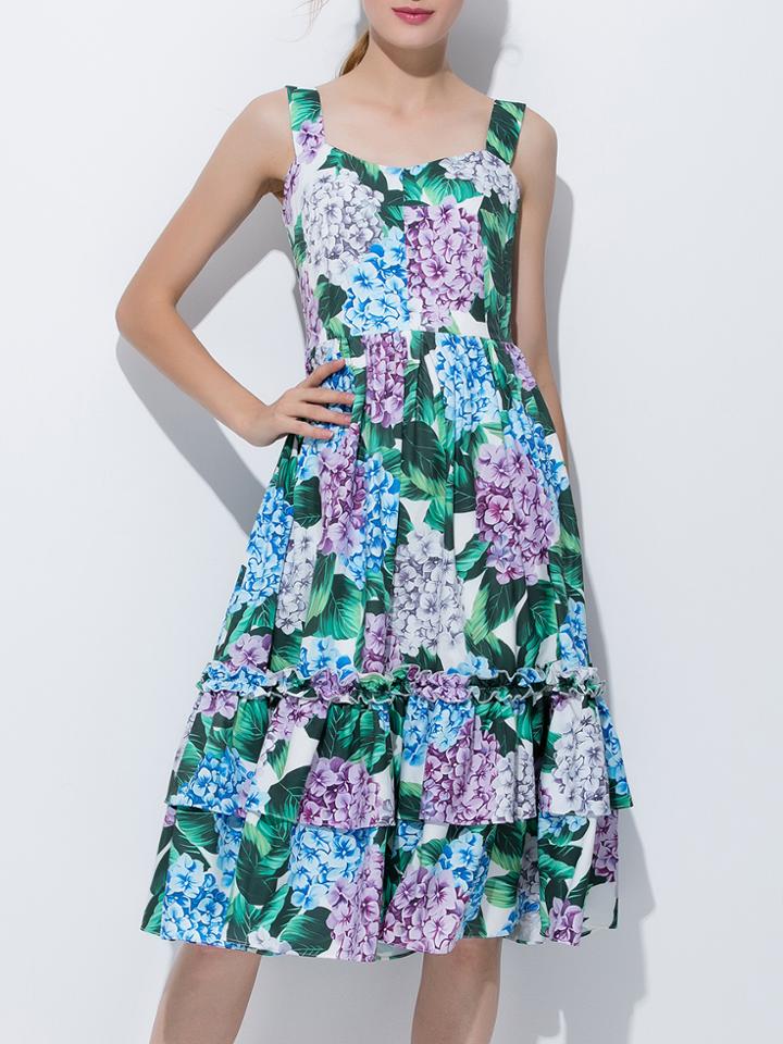 Shein Strap Backless Flowers Print Flounce Dress