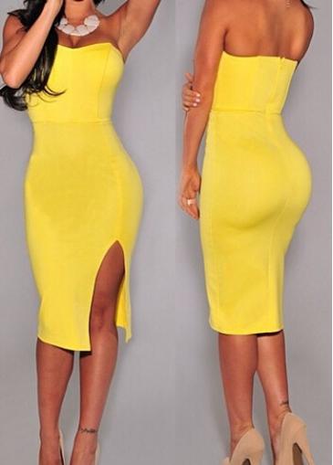 Rosewe Yellow Side Slit Knee Length Tube Dress