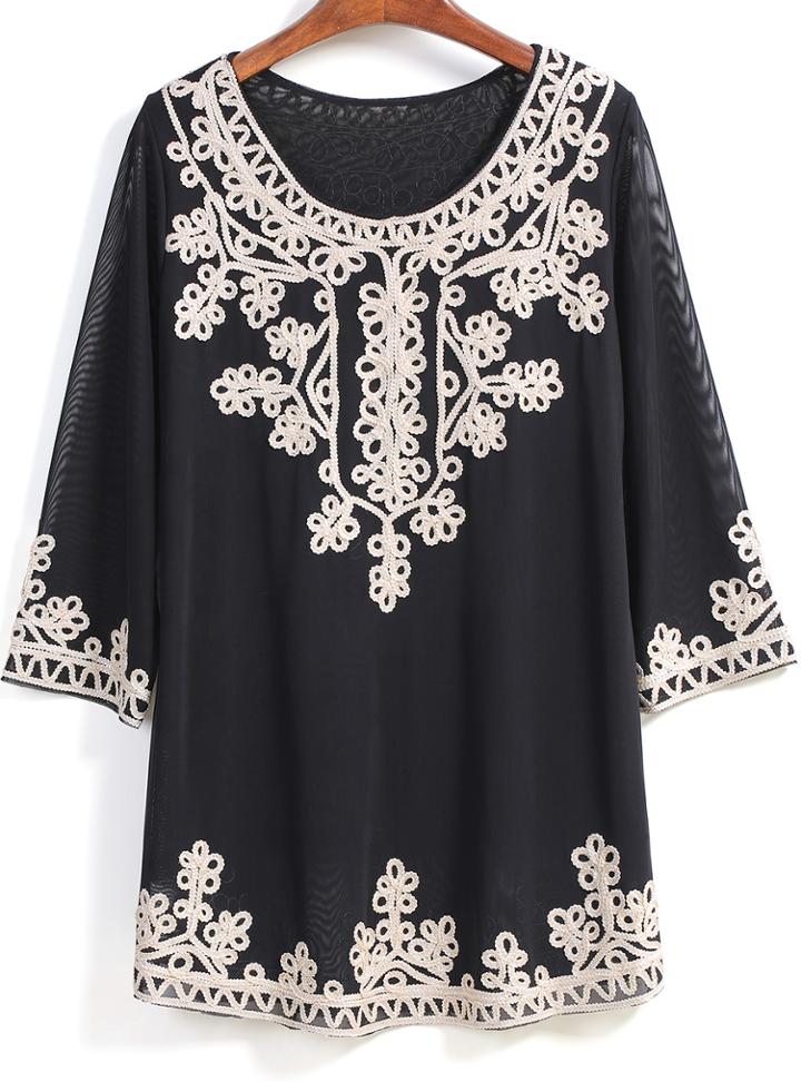 Shein Black Round Neck Embroidered Loose Dress