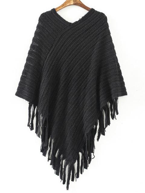 Shein Black V Neck Striped Patterned Tassel Cape