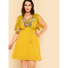 Shein Plus Flower Embroidered Tie Waist Split Sleeve Dress
