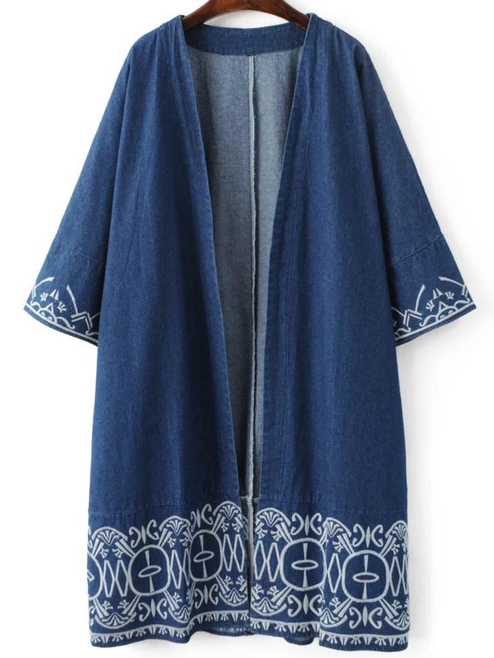 Shein Blue Embroidery Trim Open Front Denim Coat