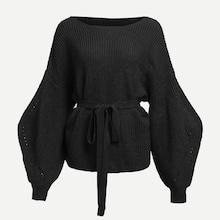 Shein Lantern Sleeve Tie Waist Solid Sweater