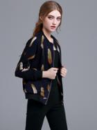 Shein Navy Feather Print Zipper Front Jacket