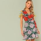 Shein Knot Side Flutter Sleeve Flower Print Dress