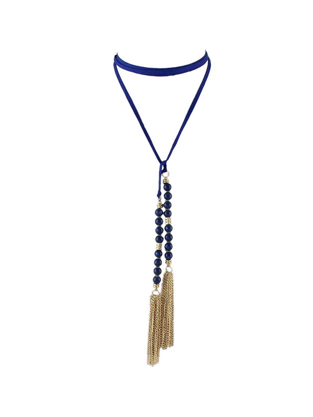 Shein Blue Color Beads Tassel Long Suede Chain Necklaces