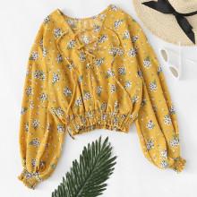 Shein Floral Print Lantern Sleeve Lace Up Top
