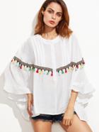 Shein Embroidered Tape And Tassel Trim Dolman Sleeve Blouse