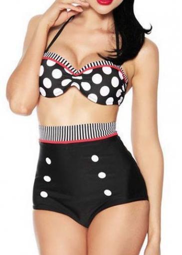 Rosewe Fashion Polka Dot Bra With Black High Waist Thong Swimwear