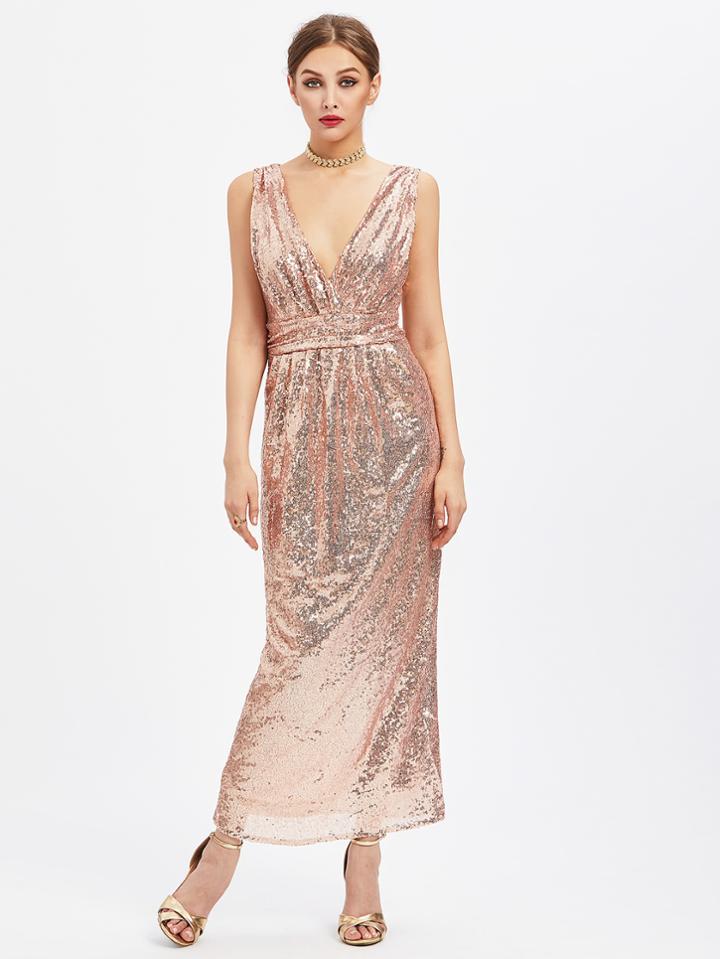 Shein Rose Gold Plunging Sequin Ruched Detail Dress