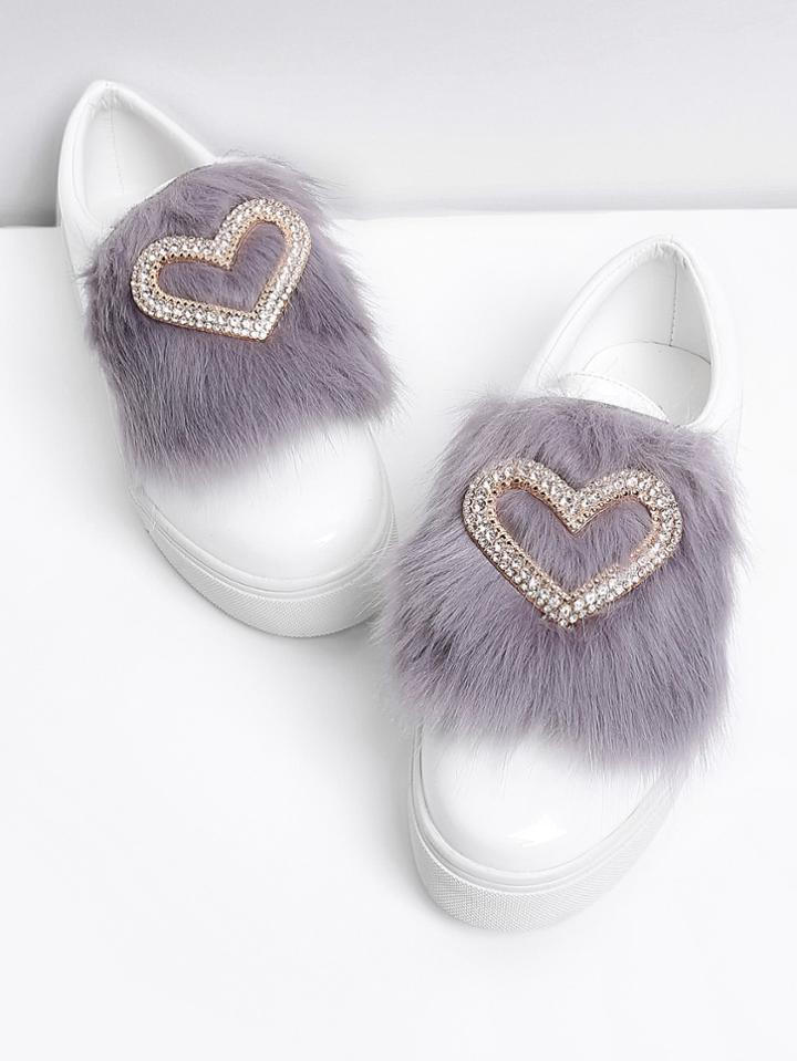 Shein Rhinestone Heart Design Pu Sneakers With Faux Fur