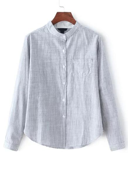 Shein Grey Stand Collar Vertical Stripe Blouse