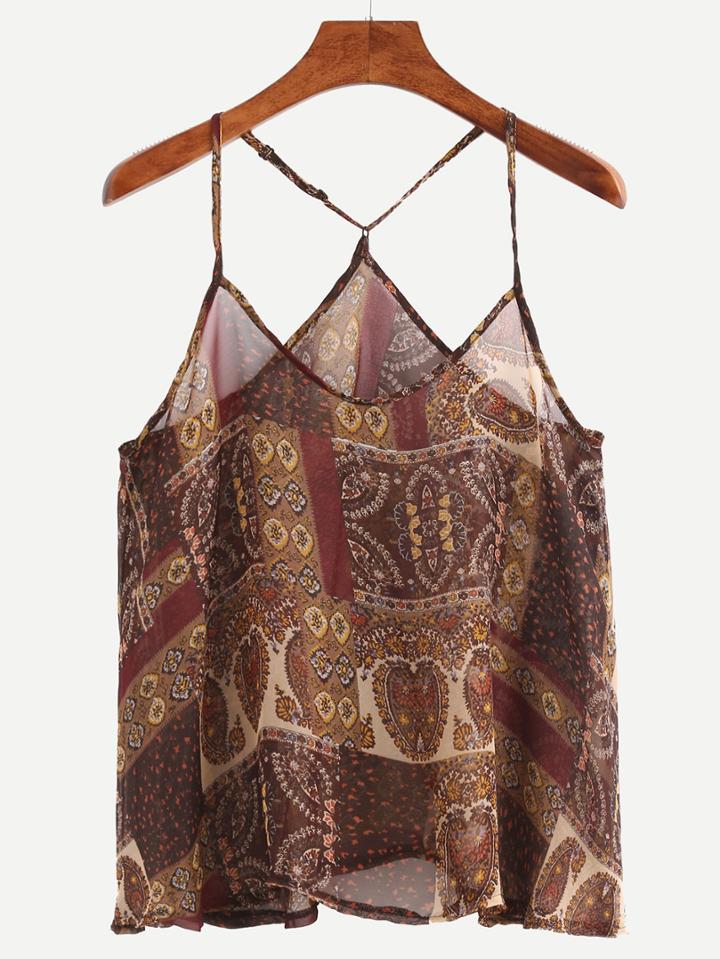 Shein Vintage Print Chiffon Cami Top - Brown