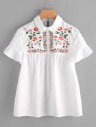 Shein Embroidered Yoke Buttoned Keyhole Frill Sleeve Smock Top