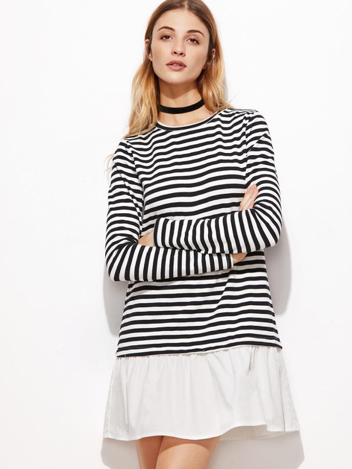 Shein Black And White Striped Contrast Ruffle Hem Dress