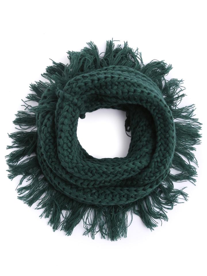 Shein Dark Green Cable Knit Tassel Trim Scarf