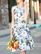 Shein Multicolor Flowers Print Belted A-line Dress