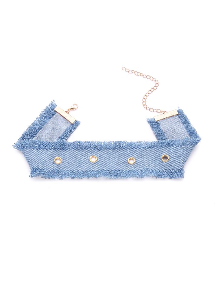 Shein Blue Eyelet Denim Eyelash Fringe Wide Choker