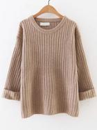 Shein Khaki Ribbed Rolled Cuff Sweater