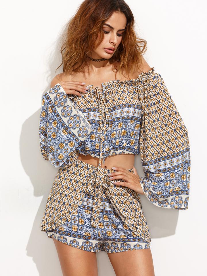 Shein Blue Off The Shoulder Tribal Top With Wrap Shorts