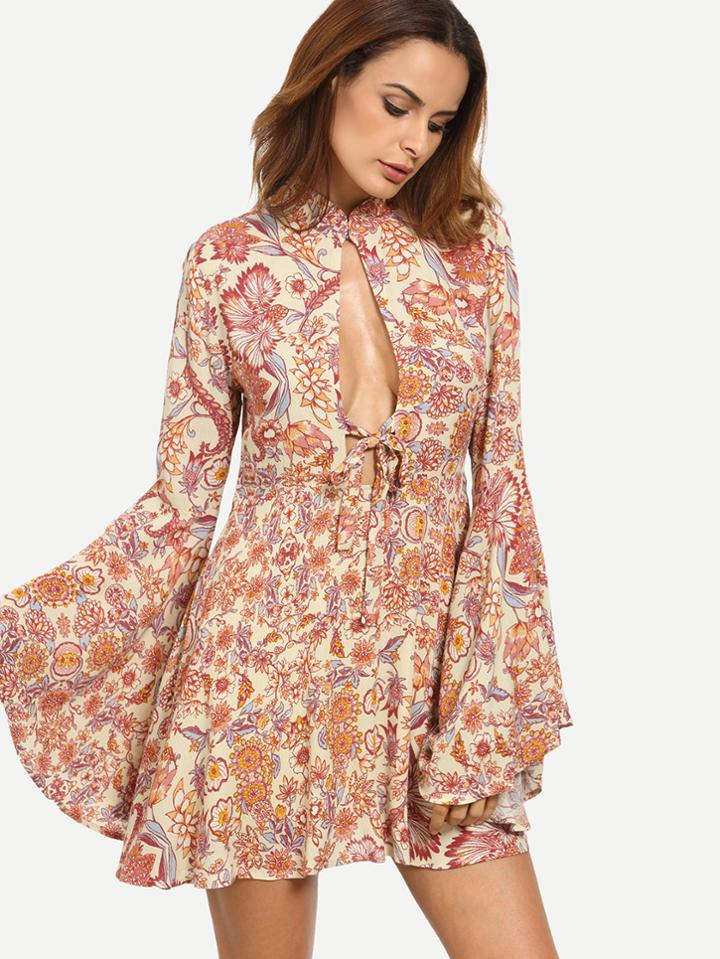 Shein Floral Print Cutout Tie Bell Sleeve Dress