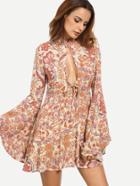 Shein Floral Print Cutout Tie Bell Sleeve Dress