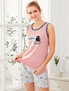 Shein Cartoon Patch Tank Top & Shorts Pj Set