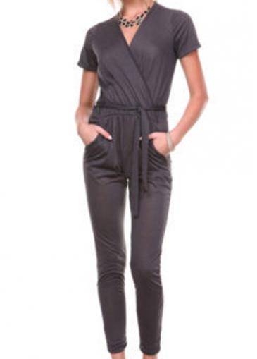 Rosewe V Neck Dark Grey Short Sleeve Jumpsuit