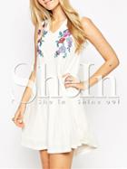 Shein White Sleeveless Floral Embroidered Dress