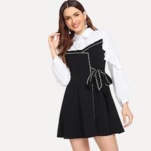 Shein Ruffle Trim Knot Waist Colorblock Dress