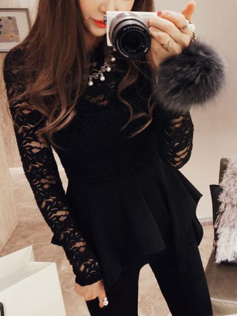 Shein Black Long Sleeve Lace Asymmetrical Hem Top