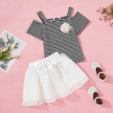 Shein Girls Appliques Front Striped Top & Mesh Skirt Set