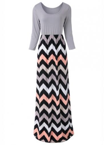 Rosewe Grey High Waist Chevron Print Maxi Dress