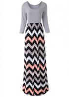 Rosewe Grey High Waist Chevron Print Maxi Dress