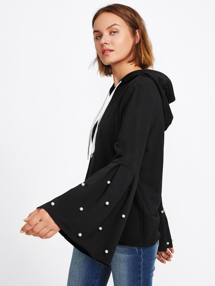 Shein Pearl Beading Boxed Pleated Bell Sleeve Hoodie