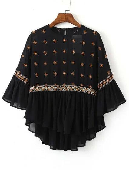 Shein Black Crew Neck Embroidered Sheer Blouse