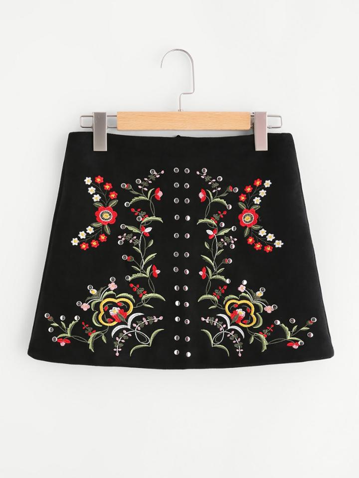Shein Studs Detail Embroidered Suede Skirt
