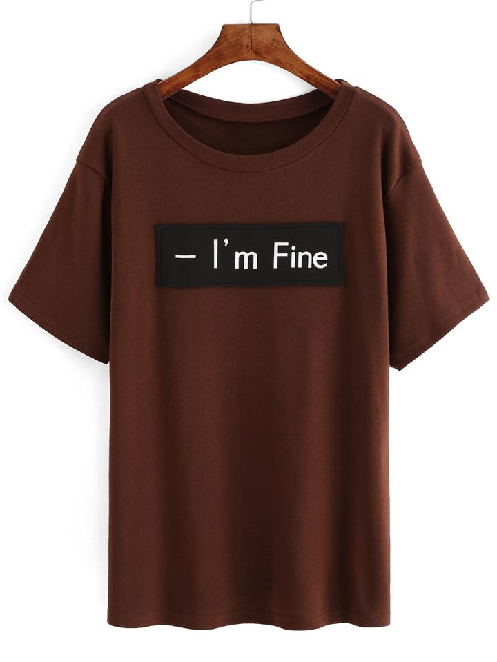Shein Khaki Letter Print Patch T-shirt